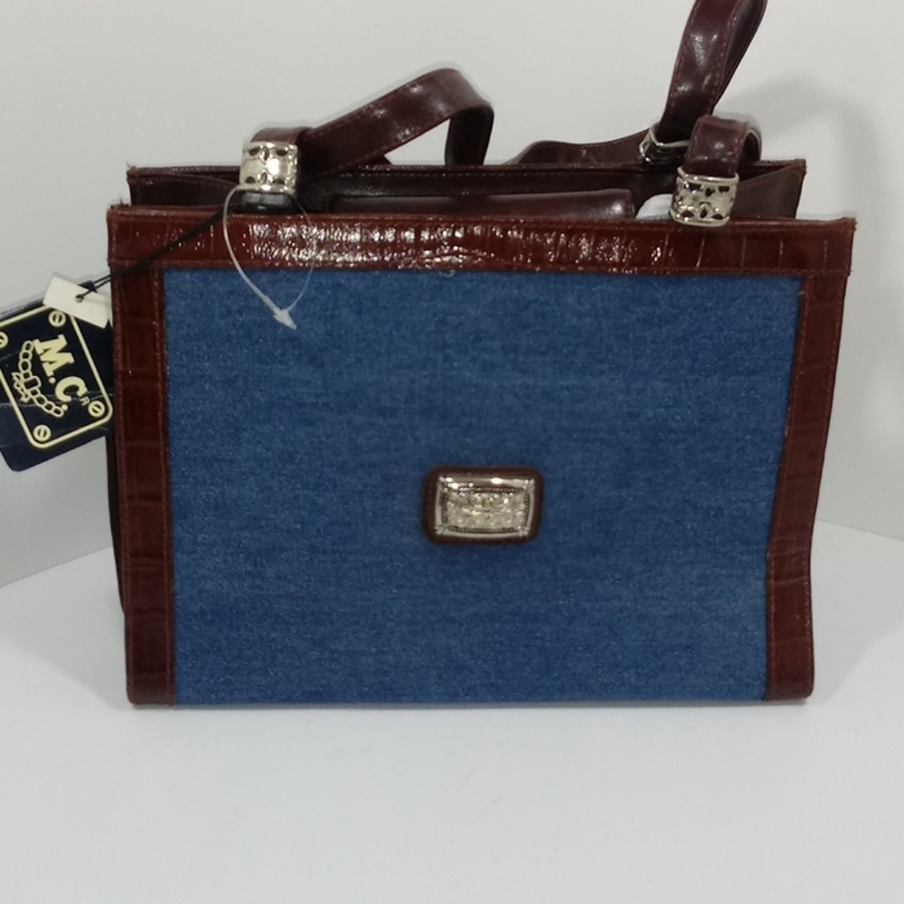 M.C croc inspired leather and denim bag
